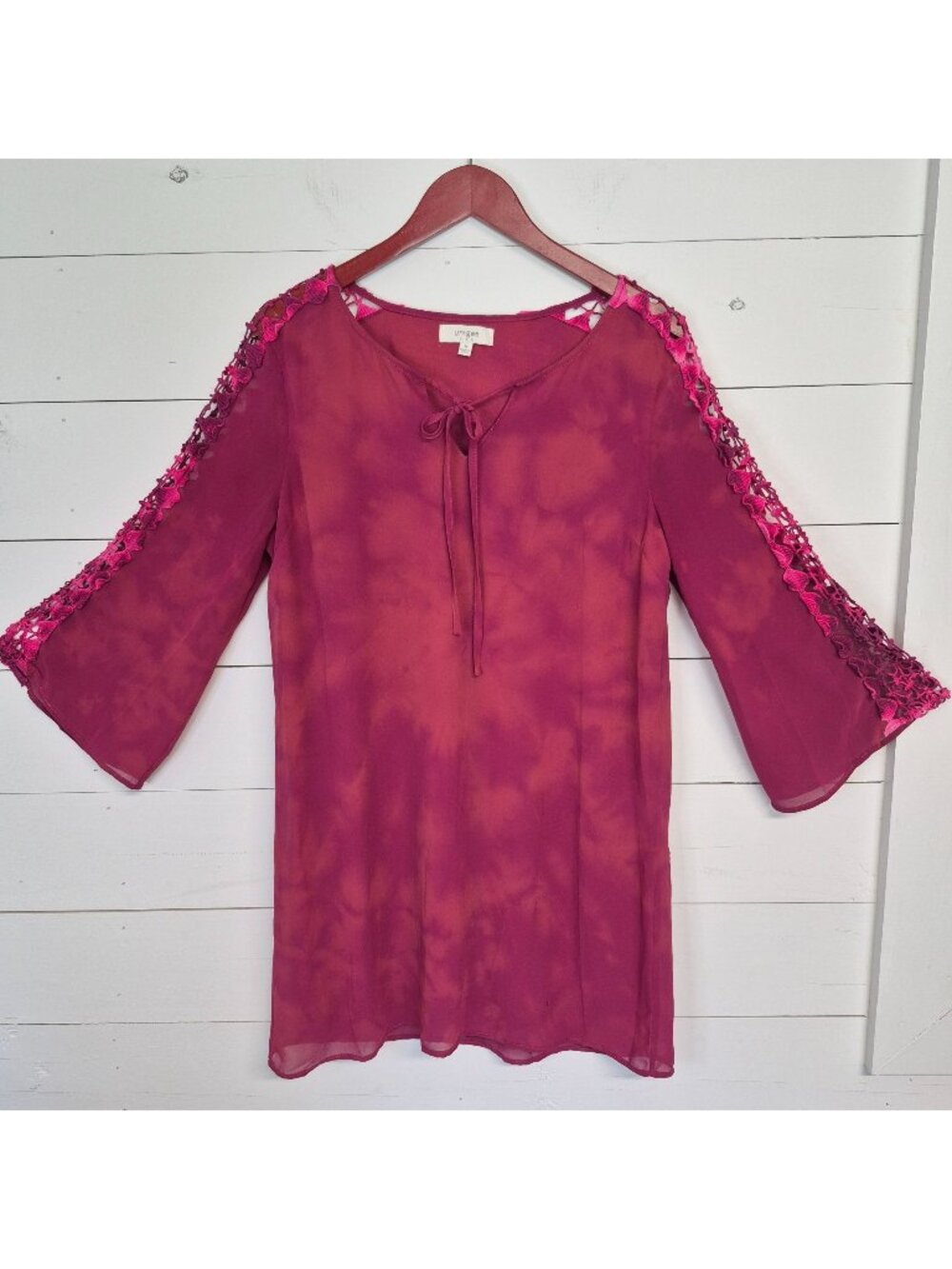 Umgee Womens Pink Tie-Dye Dress W/ Crochet Sleeve Detail Bell Sleeves & Front Ti